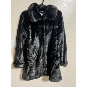 Dennis Basso Black Faux Fur Coat Collar Button Front Luxury Elegant